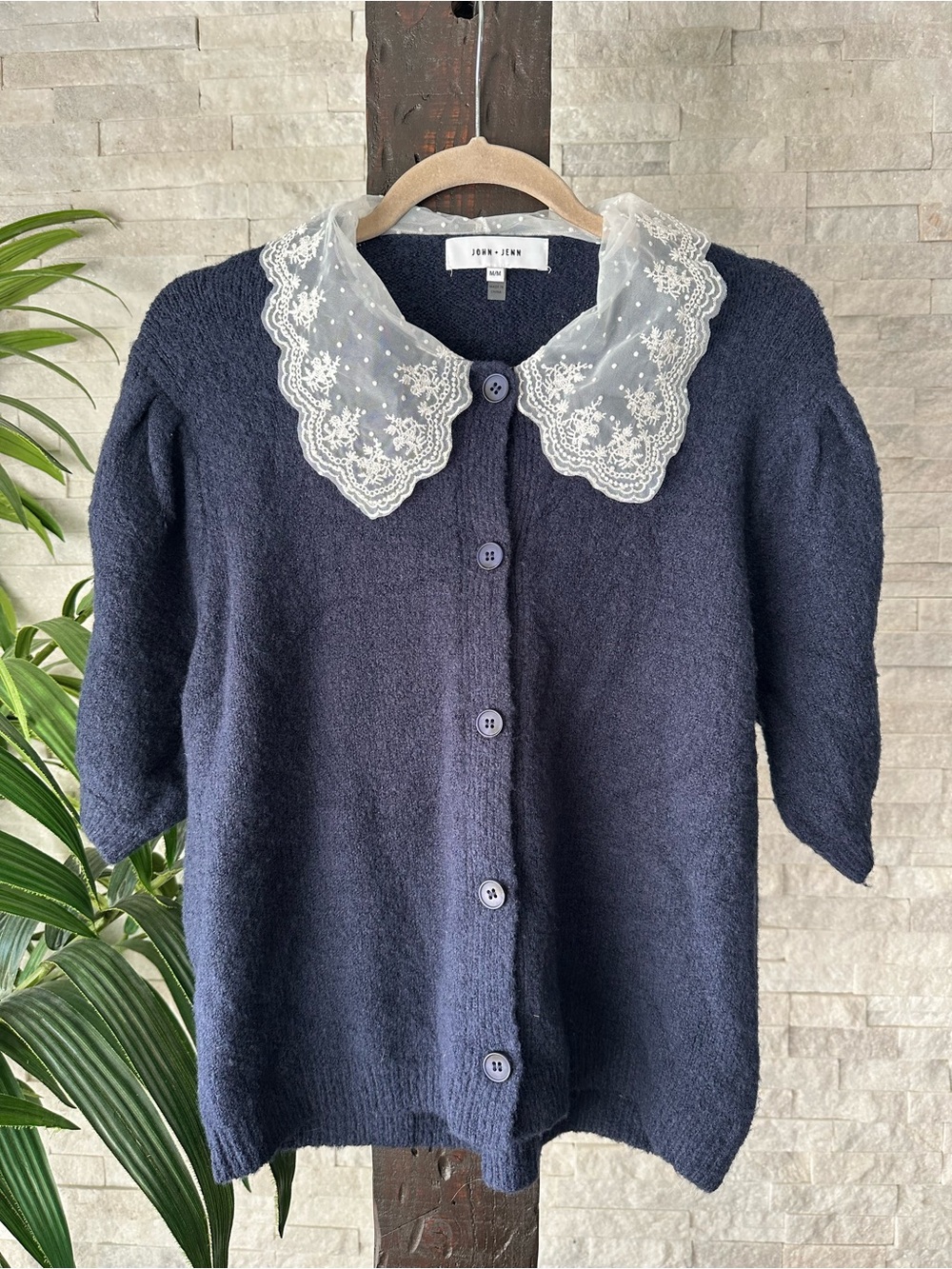 John + Jenn Navy Short-Sleeve “Mario” Cardigan with Lace Collar Size M